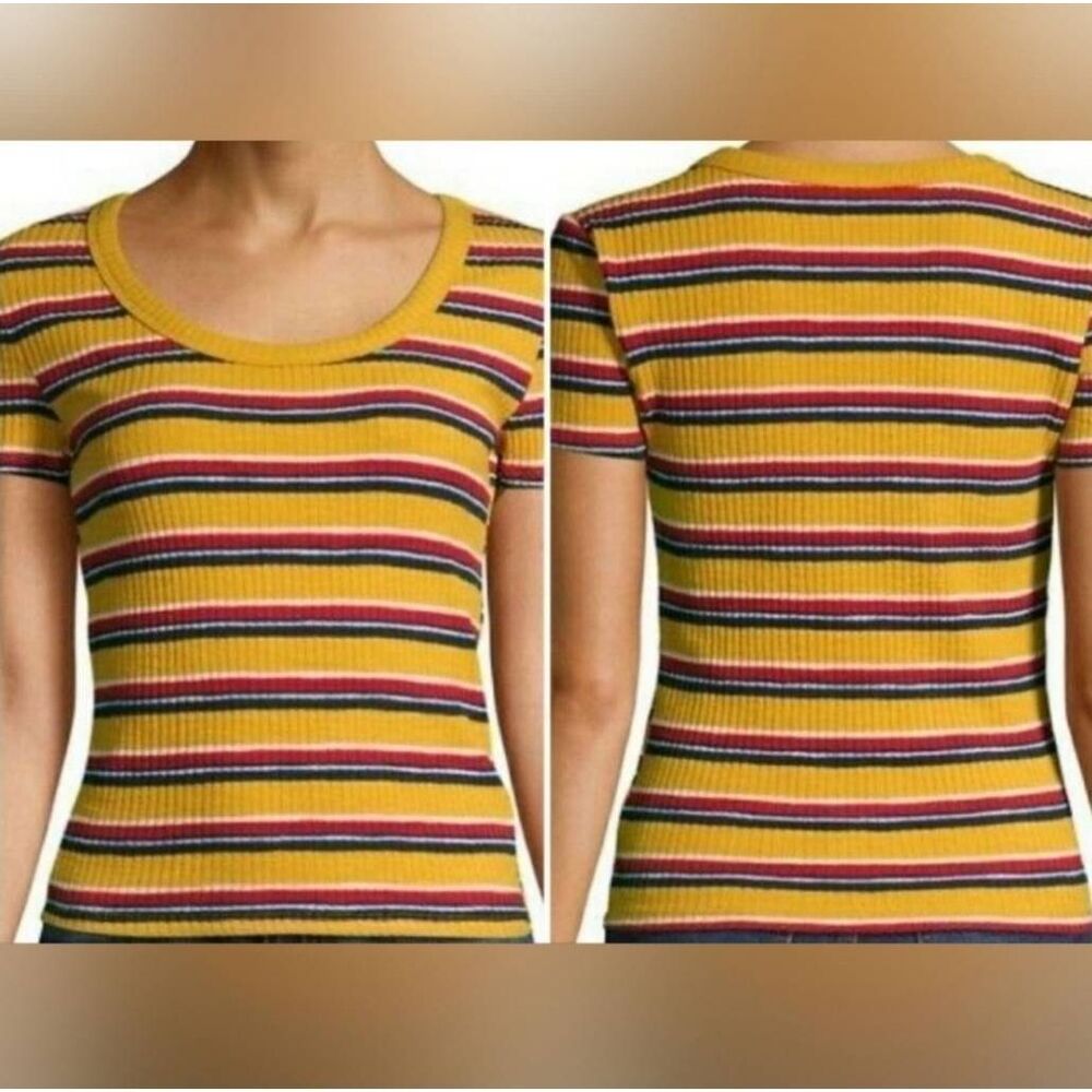 🔹️Mustard Yellow Stripe Ribbed Crop Short Sleeve Top Medium